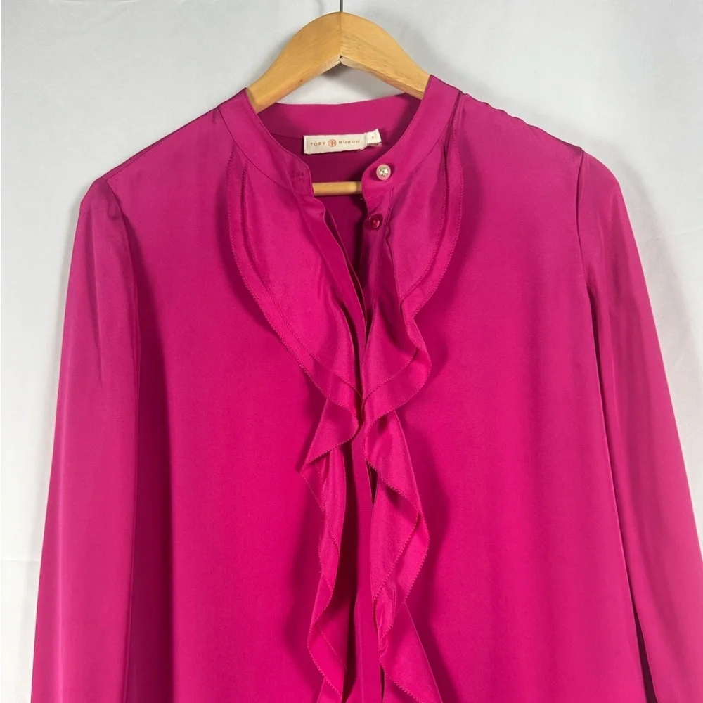 Tory Burch Hibiscus Flower Jane 100% Silk Dress Pink Ruffles Holiday Wedding 8 - Picture 6 of 12